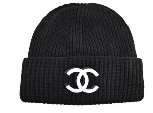 Ch**el 21K Cashmere Wool CC Logo Knit Beanie Flap Hat Black