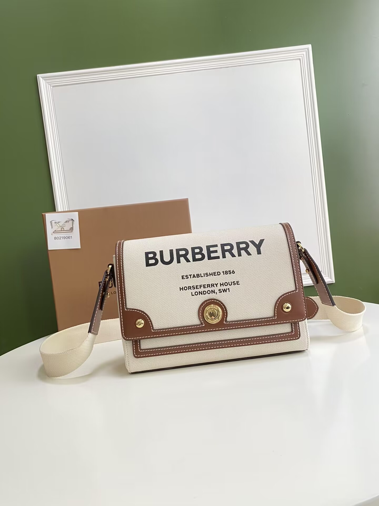 Bv*b*rry Horseferry Print Canvas Note Crossbody Bag Natural/Tan